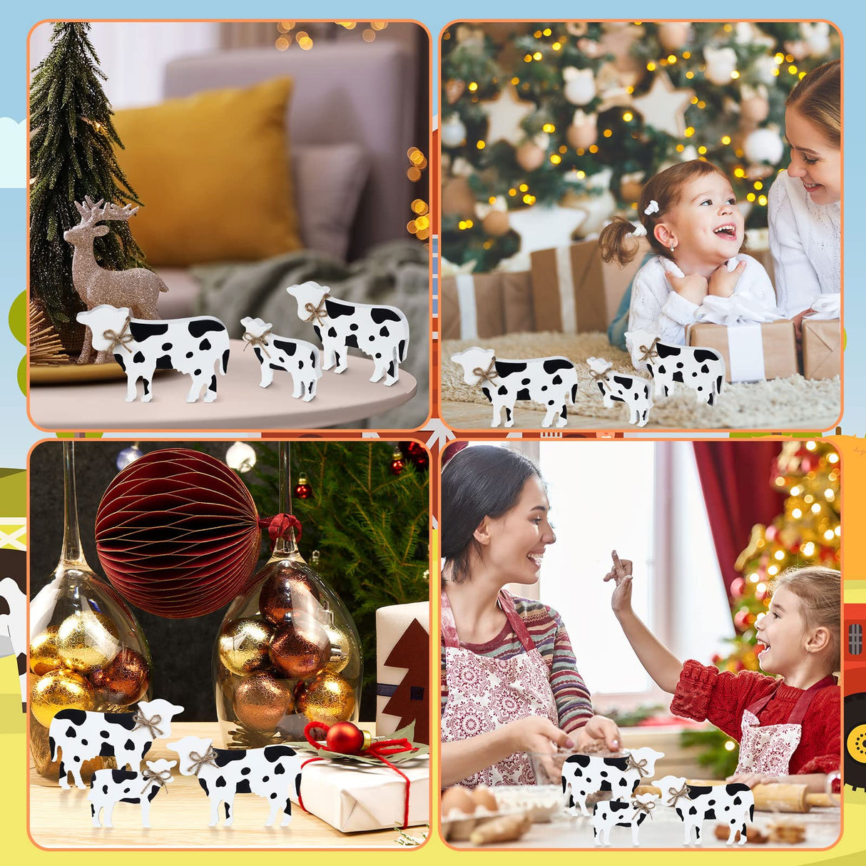 Bucherry 3 Pcs Cow Wooden Table Decor Christmas Tiered Tray Decor Farmhouse Cow Tabletop Rustic Block Centerpiece Cow Table Sign Standing for Home Kitchen Holiday Party Decor(Classic Style) Bucherry