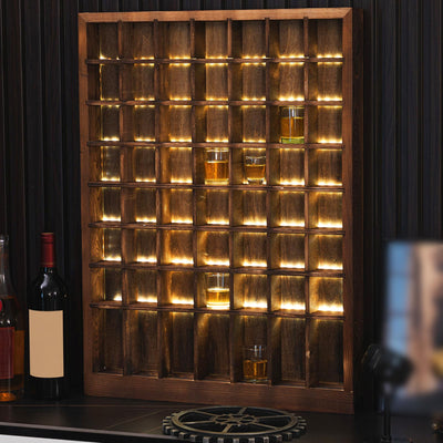 GlikCeil Wood Shot Glasses Display Case with LED Lights 42 Compartments Wall Mounted Shot Glass Holder Shelf Rustic Storage Organizer Shadow Box Bar Cabinet Collection