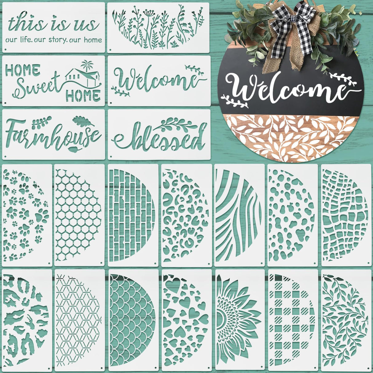 Thyle 20 Pcs Welcome Stencils for Painting on Wood 11.81 x 5.91'' Large Welcome Letters Stencils Half Round Stencils for Wood Sign Plastic Word Farmhouse Stencils for Canvas Wall Porch Door (Classic) Thyle