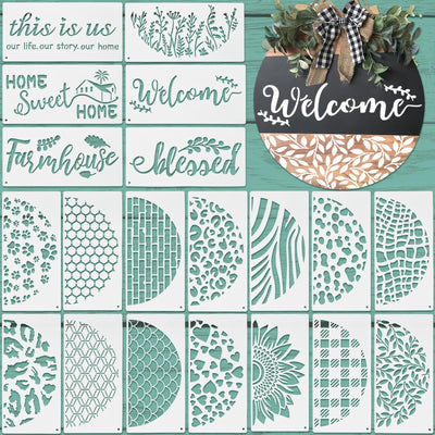 Thyle 20 Pcs Welcome Stencils for Painting on Wood 11.81 x 5.91'' Large Welcome Letters Stencils Half Round Stencils for Wood Sign Plastic Word Farmhouse Stencils for Canvas Wall Porch Door (Classic)