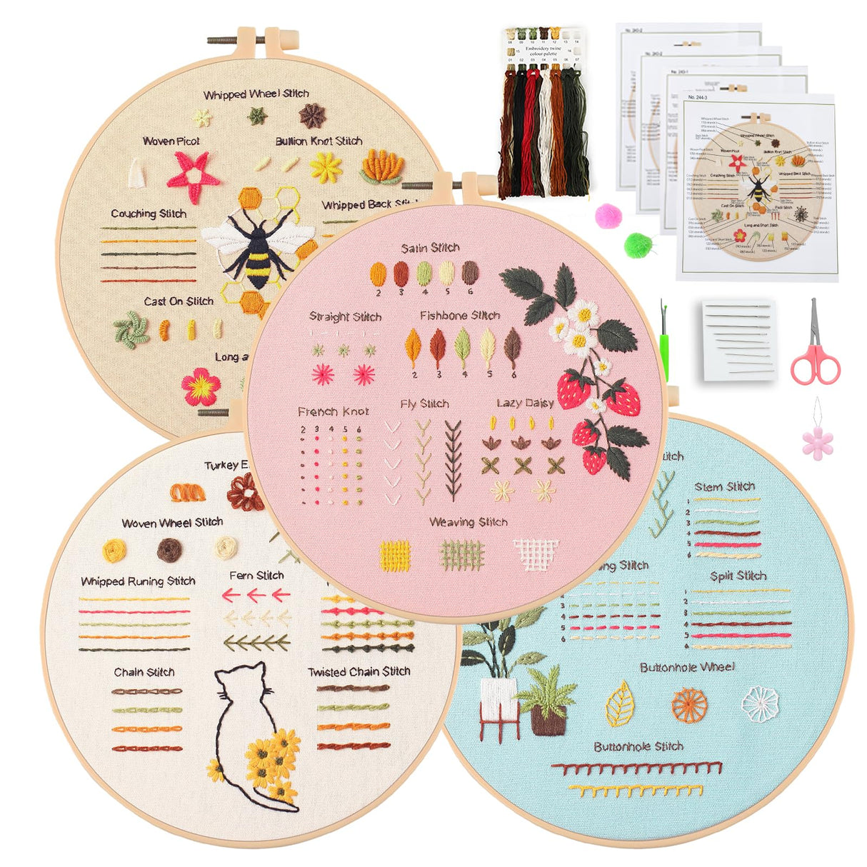 JOINRUN Beginner DIY Embroidery Kit for Adults: 4 Sets Adults Cross Stitch Kit, for Craft Lover Learn Hand Stitch, Includes Stamped Pattern,Hoop, Easy to Follow Instruction and Video JOINRUN