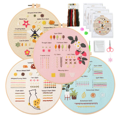 JOINRUN Beginner DIY Embroidery Kit for Adults: 4 Sets Adults Cross Stitch Kit, for Craft Lover Learn Hand Stitch, Includes Stamped Pattern,Hoop, Easy to Follow Instruction and Video