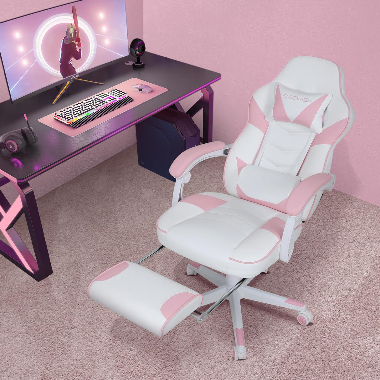ARTETHYS Gaming Chair, Ergonomic High Back Racing PU Leather Computer Chair with Adjustable Footrest, Headrest and Lumbar Support and 90 to 150 Degree Tilt Pink ARTETHYS