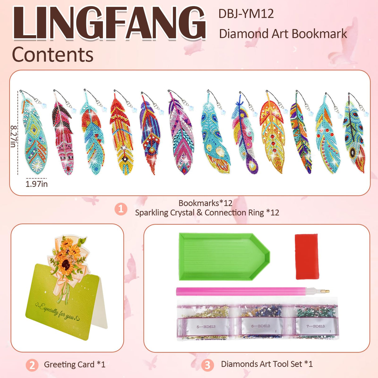 LINGFANG 12 Pcs Diamond Painting Bookmark, Crystal DIY Book Makers for Book Lovers, Diamond Art Beginners, Small Diamond Art Kits with Pendant, Paint by Art Crafts Gift for Women Girls (Feather) LINGFANG