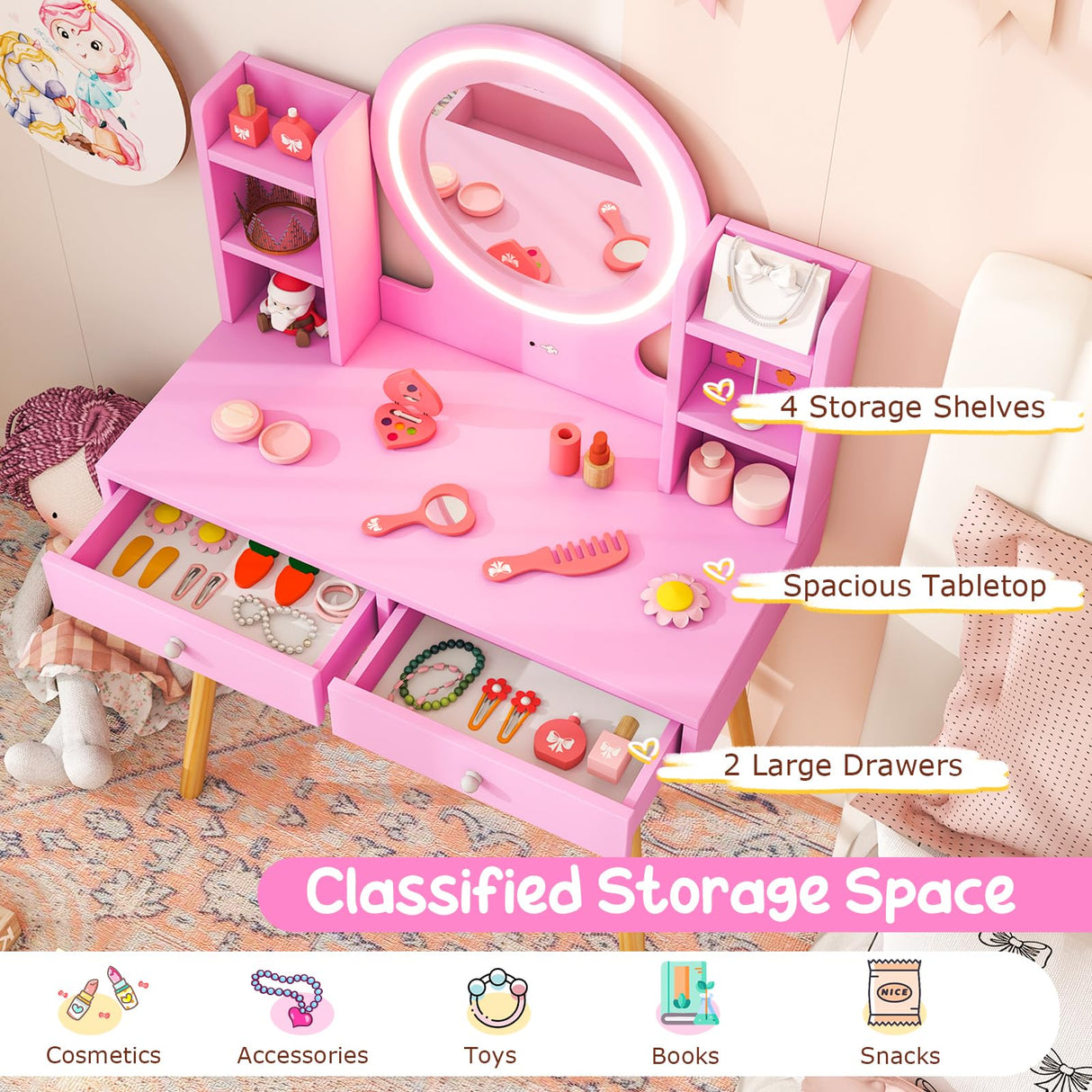 Costzon Kids Vanity, Girls Vanity Set with Mirror and Stool and Lights, Drawers, Storage Shelves, Wooden Toddler Makeup Vanity Desk Dressing Table, Pretend Play Kids Vanity Table and Chair Set (Pink) Costzon