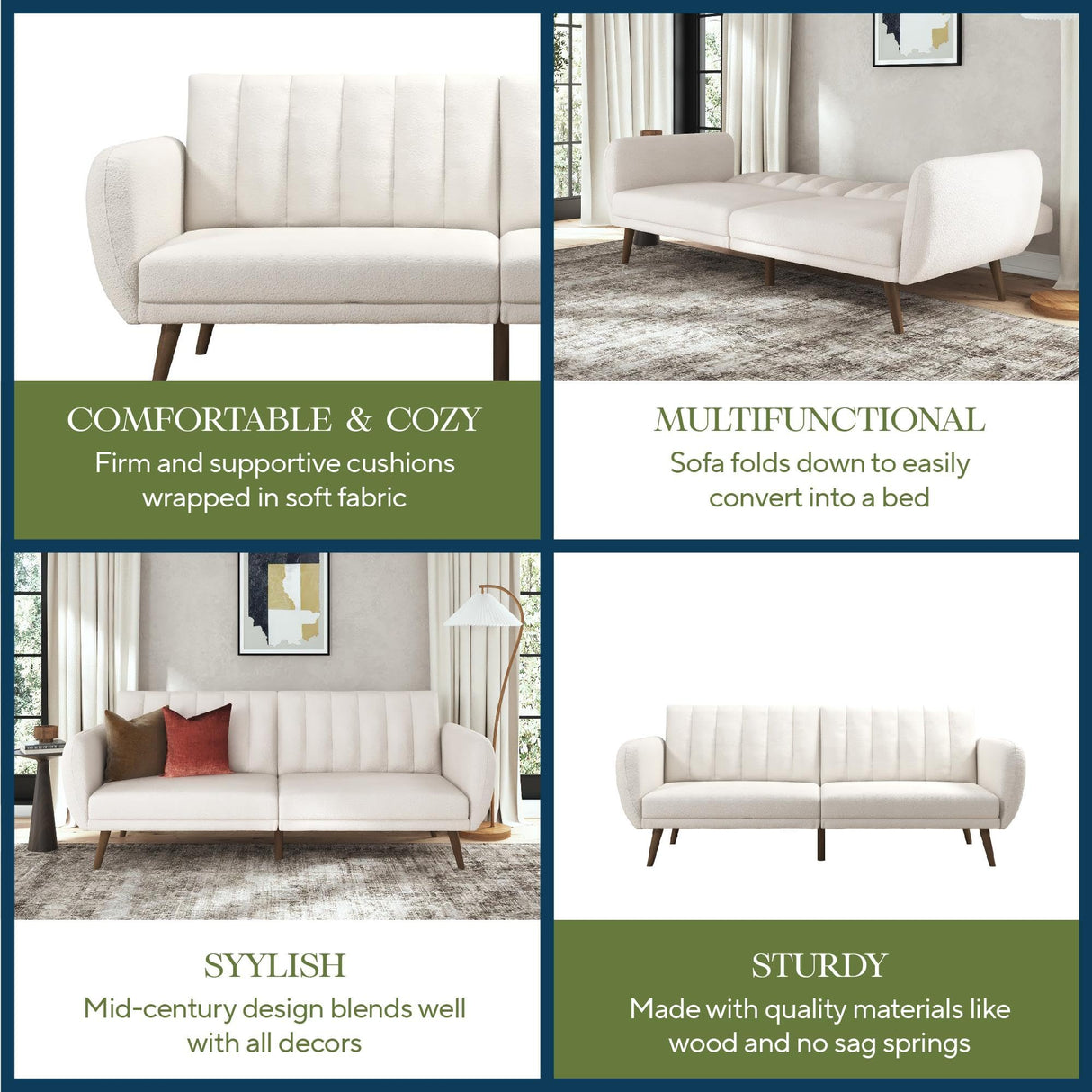 Novogratz Brittany 81.5" Futon Sofa Bed and Couch Sleeper, Ivory Boucle Novogratz