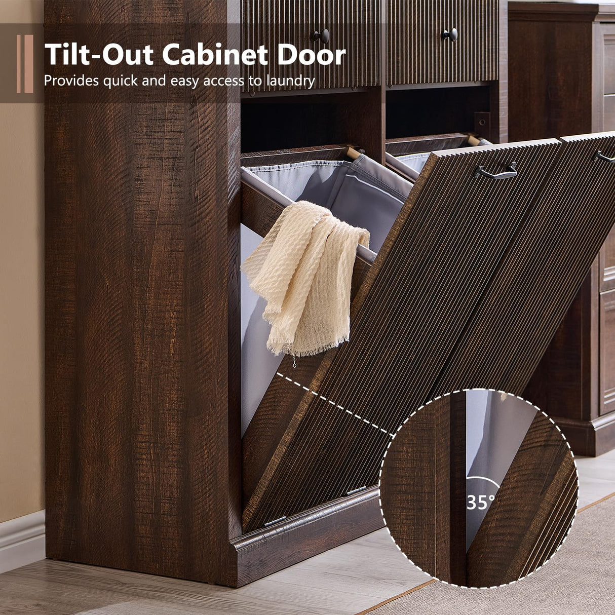 IFBUY Modern Double Tilt-Out Laundry Hamper Cabinet, 20 Gallon Fluted Trash Can Cabinet w/2 Drawers, Wooden Hidden Garbage Can Cabinet w/Laundry Basket, Free Standing for Bathroom and Kitchen, Brown IFBUY