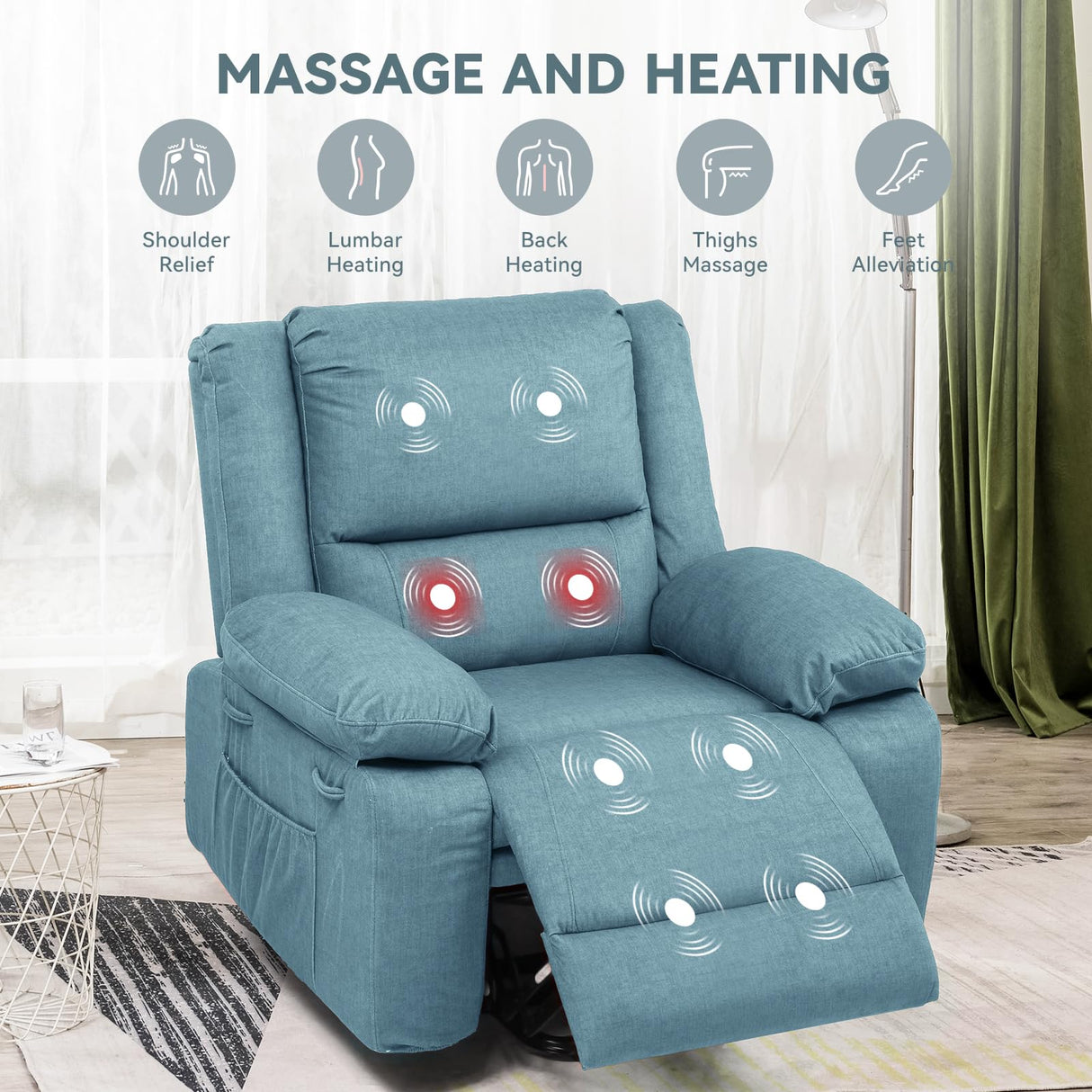 COMHOMA Electric Power Lift Chairs Recliners for Elderly,Recliner Chair with Massage and Heat,2 Side Pockets, Fabric(Blue) COMHOMA