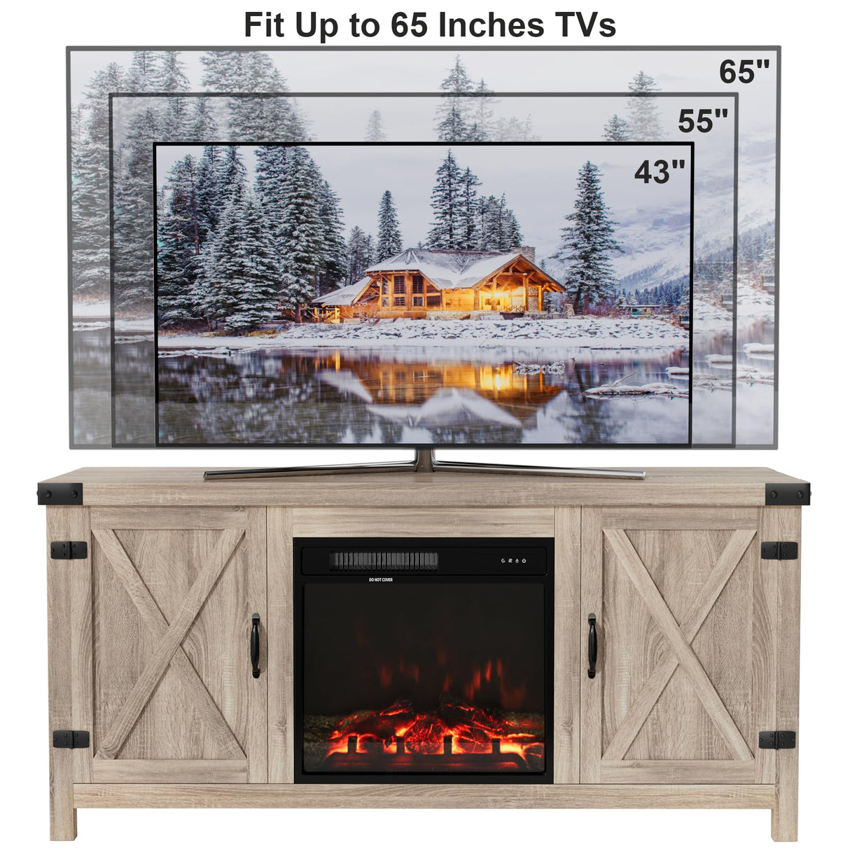 Furmax Fireplace TV Stand for Up to 65 Inches TVs, Farmhouse Entertainment Center with Grooved Barn Doors, Rustic Media Console Table with Storage Cabinets for Living Room (Natural Oak) Furmax