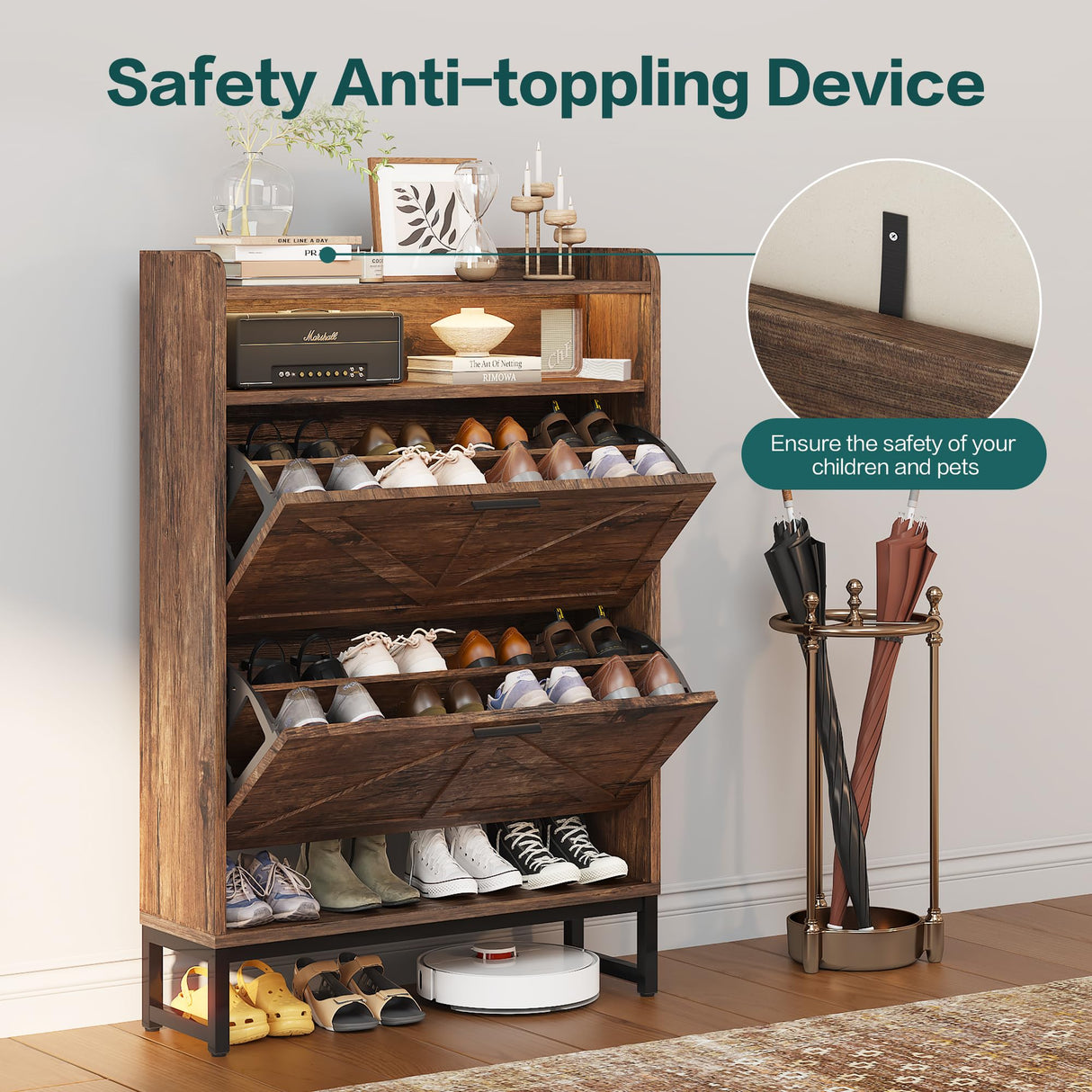 spanspace Shoe Storage Cabinet with 2 Flip Drawers & Adjustable Shelf,47-Inch Hidden Shoe Storage, Space-Saving Narrow Shoe Rack Cabinet for Hallway spanspace