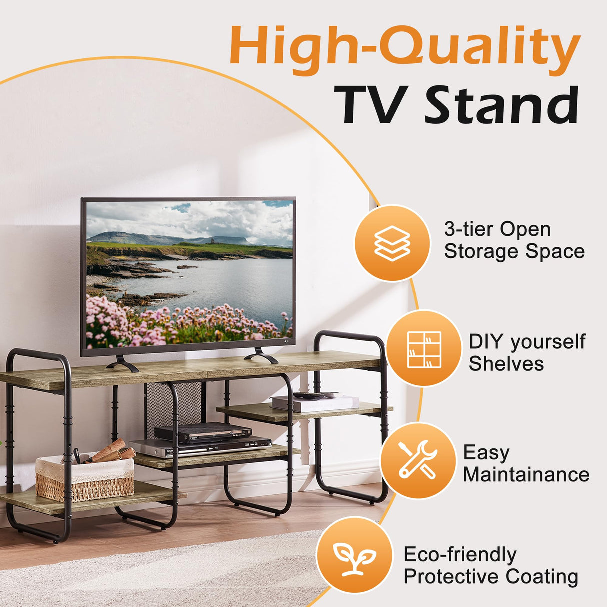 VECELO TV Stands for 55 Inch,Entertainment Center/Media Console Table with Adjustable Storage Shelves for Living Room/Bedroom,Grey VECELO