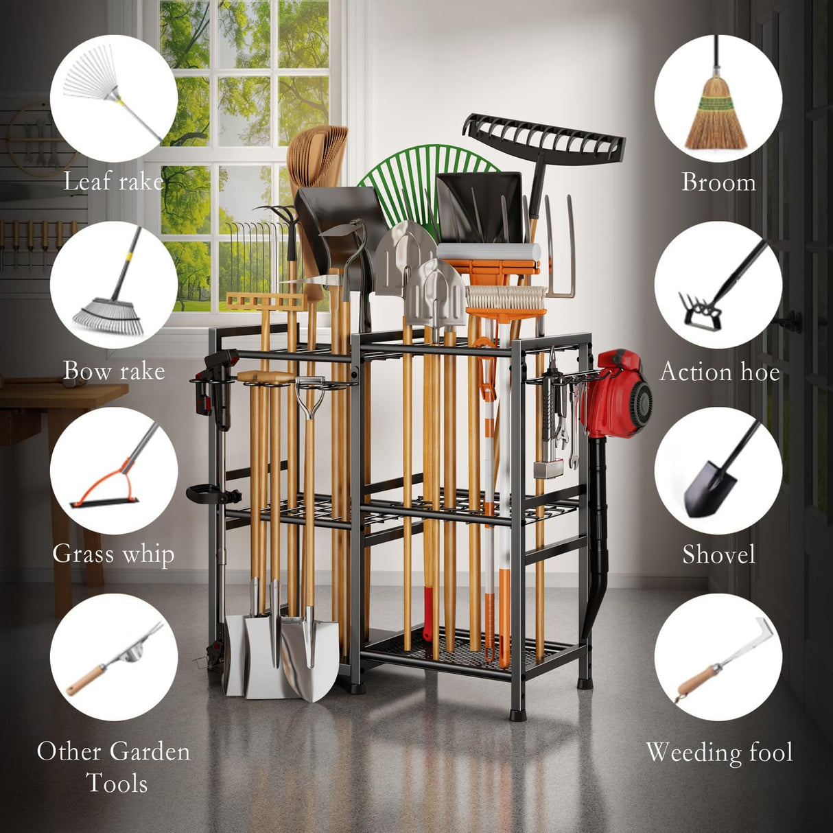 CICUFY Garden Tool Organizer Storage Metal Yard Tool Organizer Heavy Duty Garden Tool Rack Stand with 2 Extra Hooks, Up To 70 Long Handled Shovels/Rakes/Brooms Holder for Garage,Shed,Outdoor(Black) CICUFY