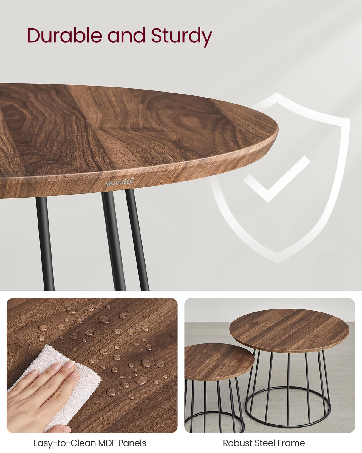 VASAGLE Round Coffee Tables, Set of 2, Modern Circle Side Tables with Steel Frame, for Living Room, Bedroom, Natural Walnut ULCT045K43 VASAGLE