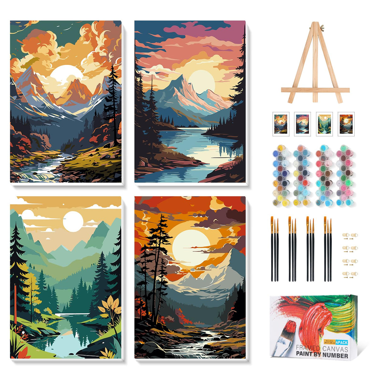 4 Pack Framed Paint by Numbers Kit for Adults with Wooden Easel, Landscape Sunset Paint by Numbers with Frame for Beginner, Mountains Lake Adult Paints by Number Kits on Canvas Framed 8 x 12 Inch Camocin