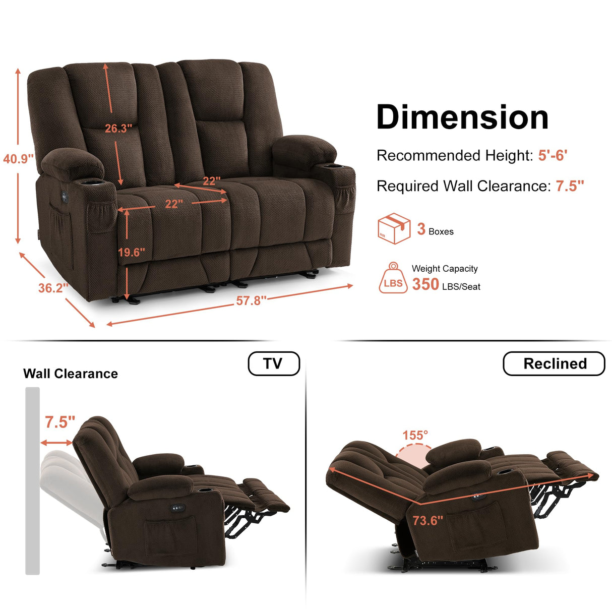 MCombo 57.8" Zero Gravity Power Loveseat Recliner with Heat and Vibration Massage, Reclining Loveseat Sofa with USB Ports, Cup Holders for Living Room, Fabric 6035SET (Brown) MCombo