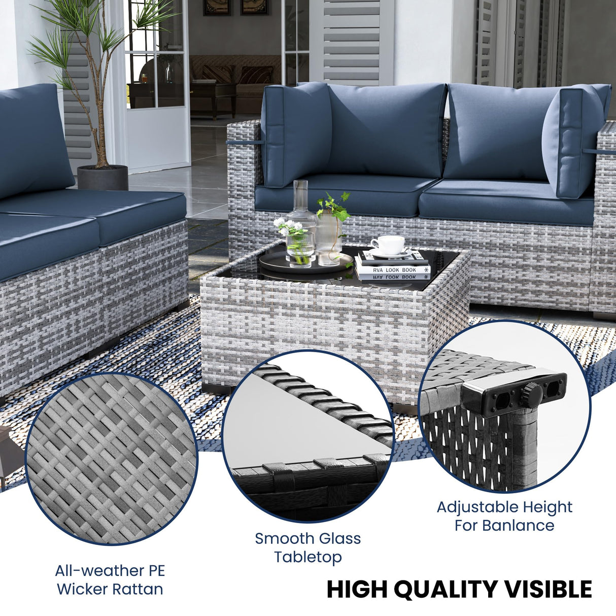 UDPATIO Patio Furniture Sets, Modular Rattan Outdoor Patio Sectional Furniture Sofa Set, Wicker Patio Conversation Set for Backyard, Deck w/Coffee Table, 7PC Grey/Blue (Include Sofa Cover) UDPATIO