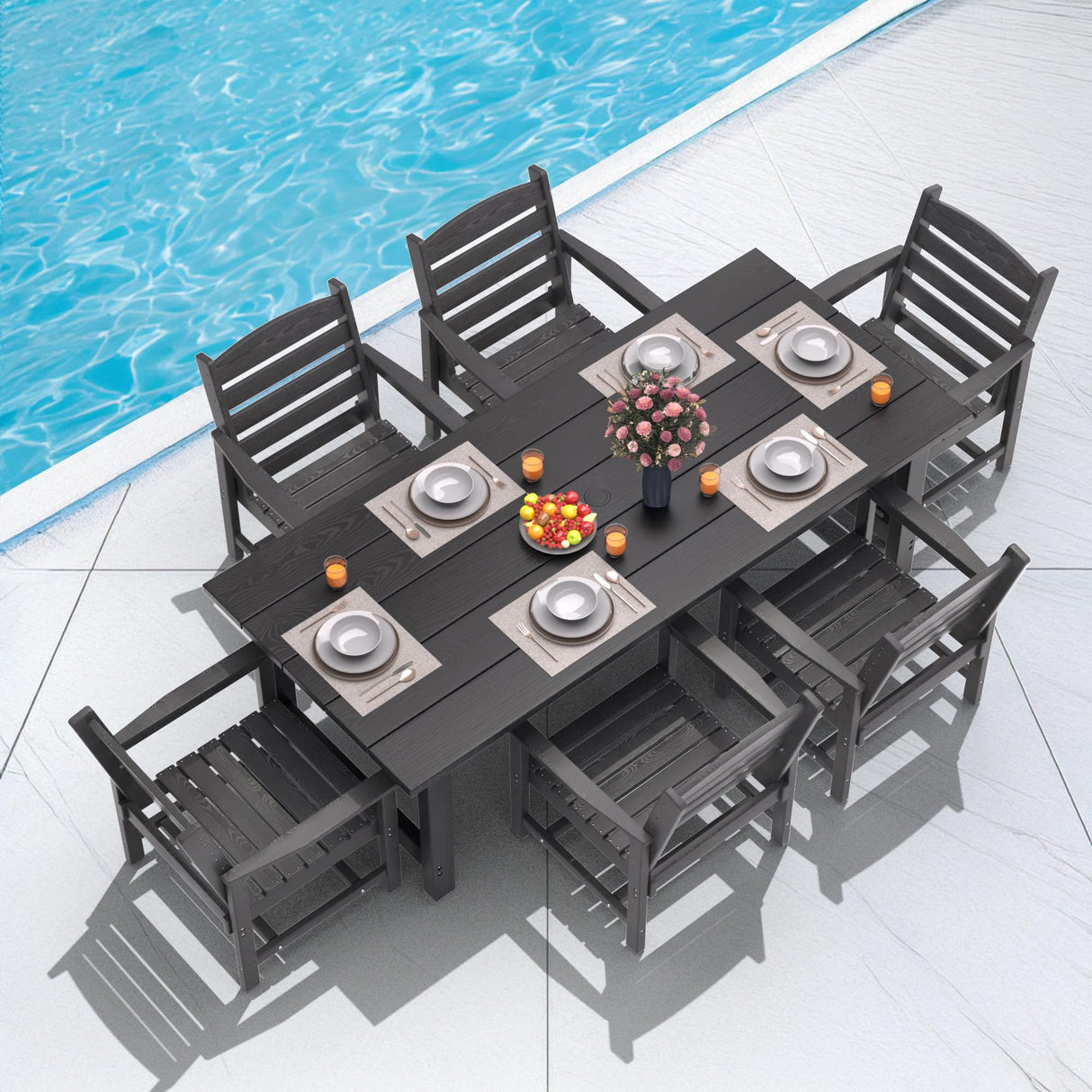TenKa 7 Piece HDPE Patio Furniture Set for 6, Dining Table and Chairs, Outdoor Table with Umbrella Hole, Outdoor Dining Set for Garden, Backyard, Lawn, and Poolside TenKa