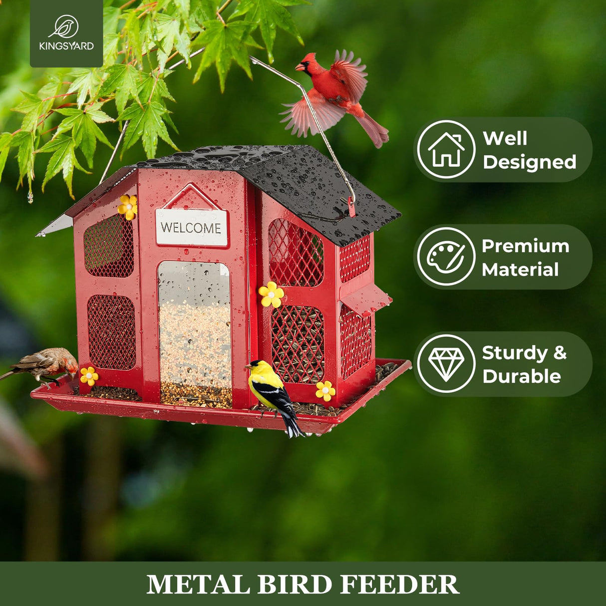 Kingsyard Wild Bird Feeder with Weatherproof Roof & Seed Tray, All Metal, Bird Seed Feeder Hanging for Garden Yard Outside Decoration, 4 lbs Large Capacity, Red Kingsyard