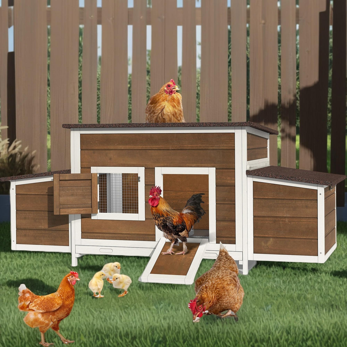 DWVO Solid Wood Chicken Coop for 4-6 Chickens, Outdoor Wooden Chicken Run Pen with 2 Nesting Boxes, Poultry Cage Rabbit Hutch Duck Coop Hen House w Weatherproof Roof & Removable Tray, Brown DWVO