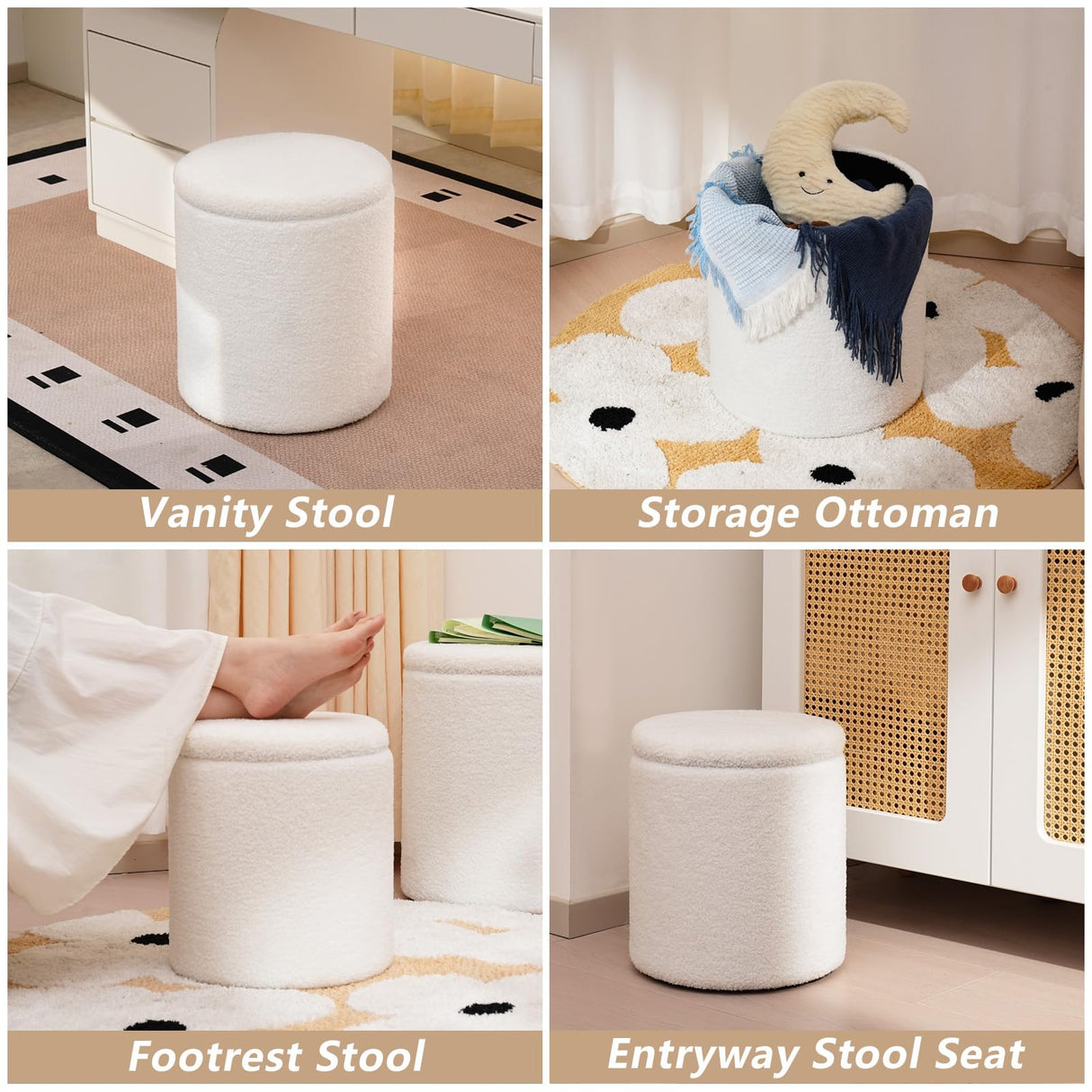 oakvivo Round Ottoman Foot Stool with Storage Set of 2, Storage Ottoman with Removable Lid, Soft Teddy Velvet Upholstered Footstool, Vanity Stool for Makeup, Foot Rest for Living Room, Bedroom, White oakvivo