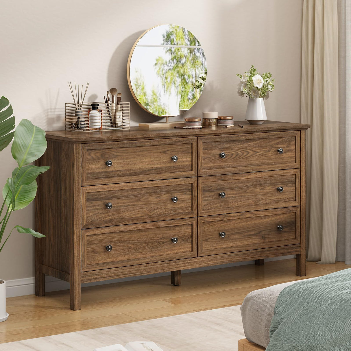 CARPETNAL 55" Walnut Dresser for Bedroom, 6 Drawer Dresser with Wide Drawer and Metal Handles, Wood Dressers & Chests of Drawers for Hallway, Entryway. CARPETNAL