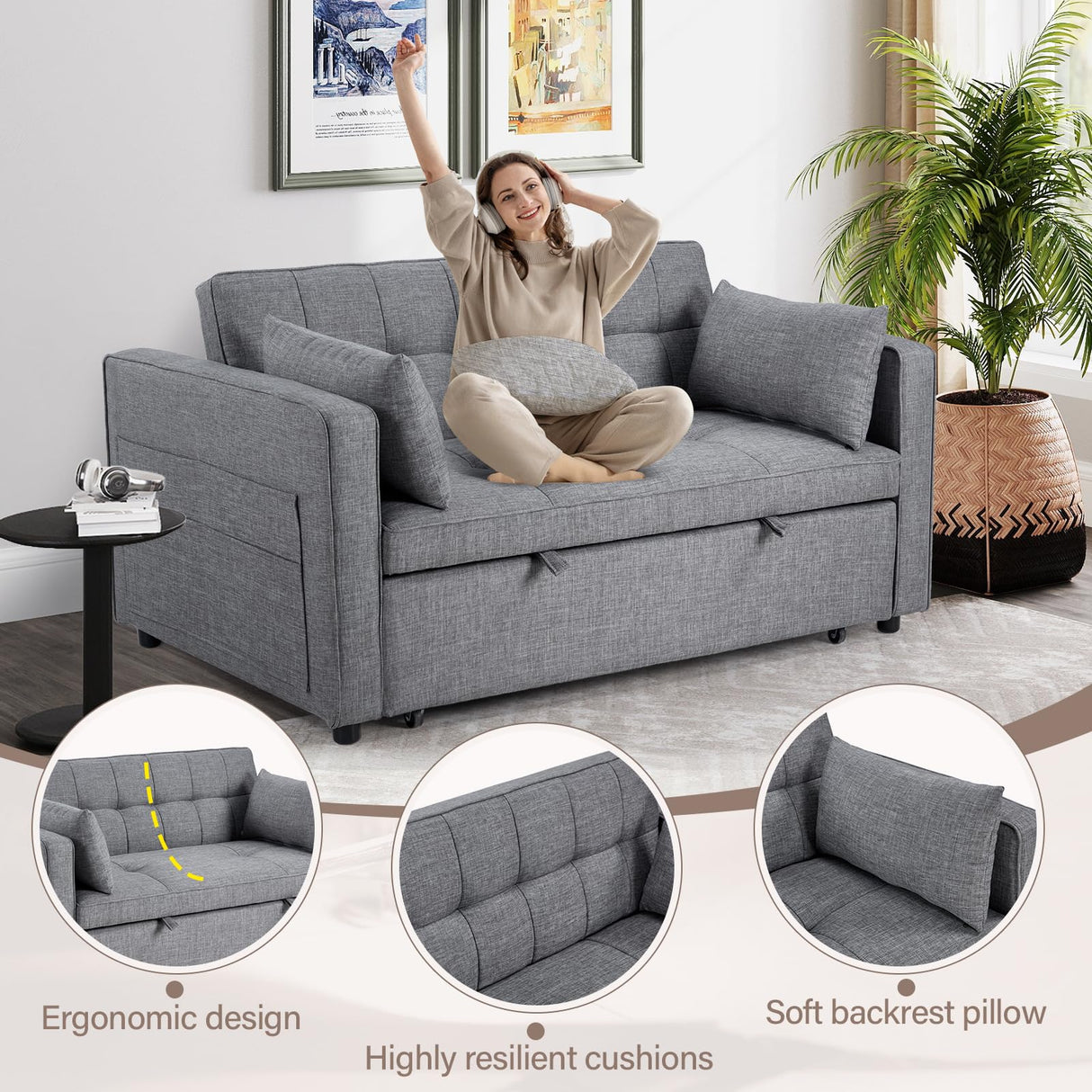 HAOMARKETS 3 in 1 Convertible Sleeper Sofa Bed, Loveseat Chaise Lounge with Pullout Bed, 2-Seater Futon Couches with Storage Pockets, 3-Level Adjustable Backrest and Pillows for Living Room,Grey HAOMARKETS