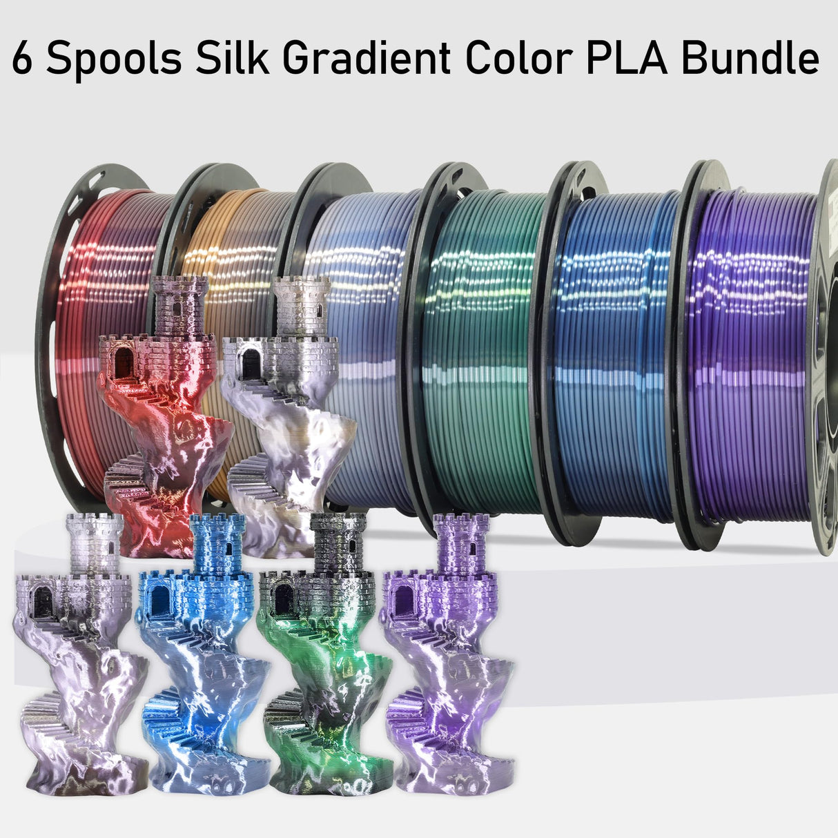 MIKA3D 6 Spools Fast 2 Color Change Silk PLA 3D Printer Filament Bundle, Silk Black Color Change to White/Red/Orange/Blue/Purple/Green, Each Spool 250g, Total 1.5kg Silk PLA Bundle 250g X 6 MIKA3D
