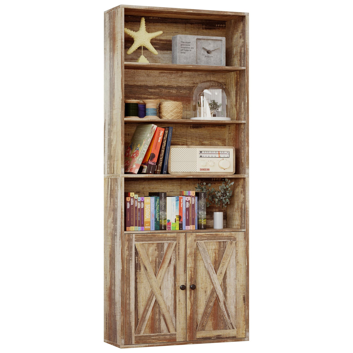 Industrial Brown 6-Tier Bookshelf with Doors – IRONCK Floor Standing Storage for Home Office and Living Room IRONCK