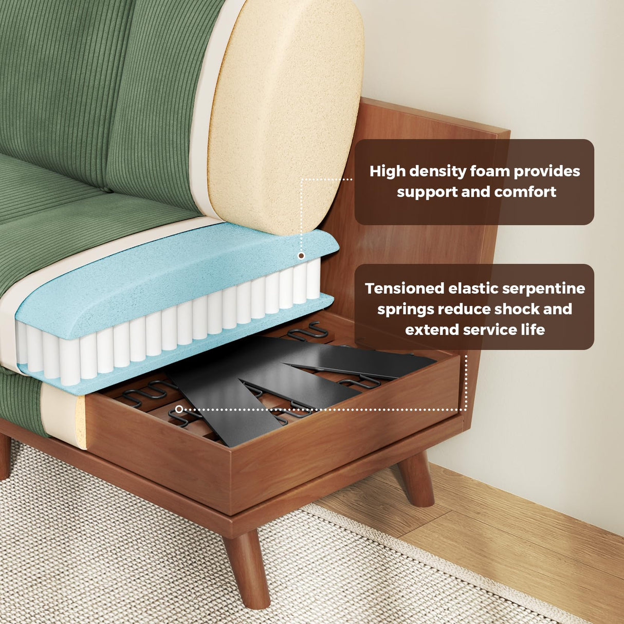 Vesgantti 97" Modular Sectional Sofa Green, L-Shaped Couch with Movable Ottoman, Comfy Corduroy Couch with Spring Cushion, Modular Sofa with Deep Seat for Living Room, Bedroom and Apartment Vesgantti