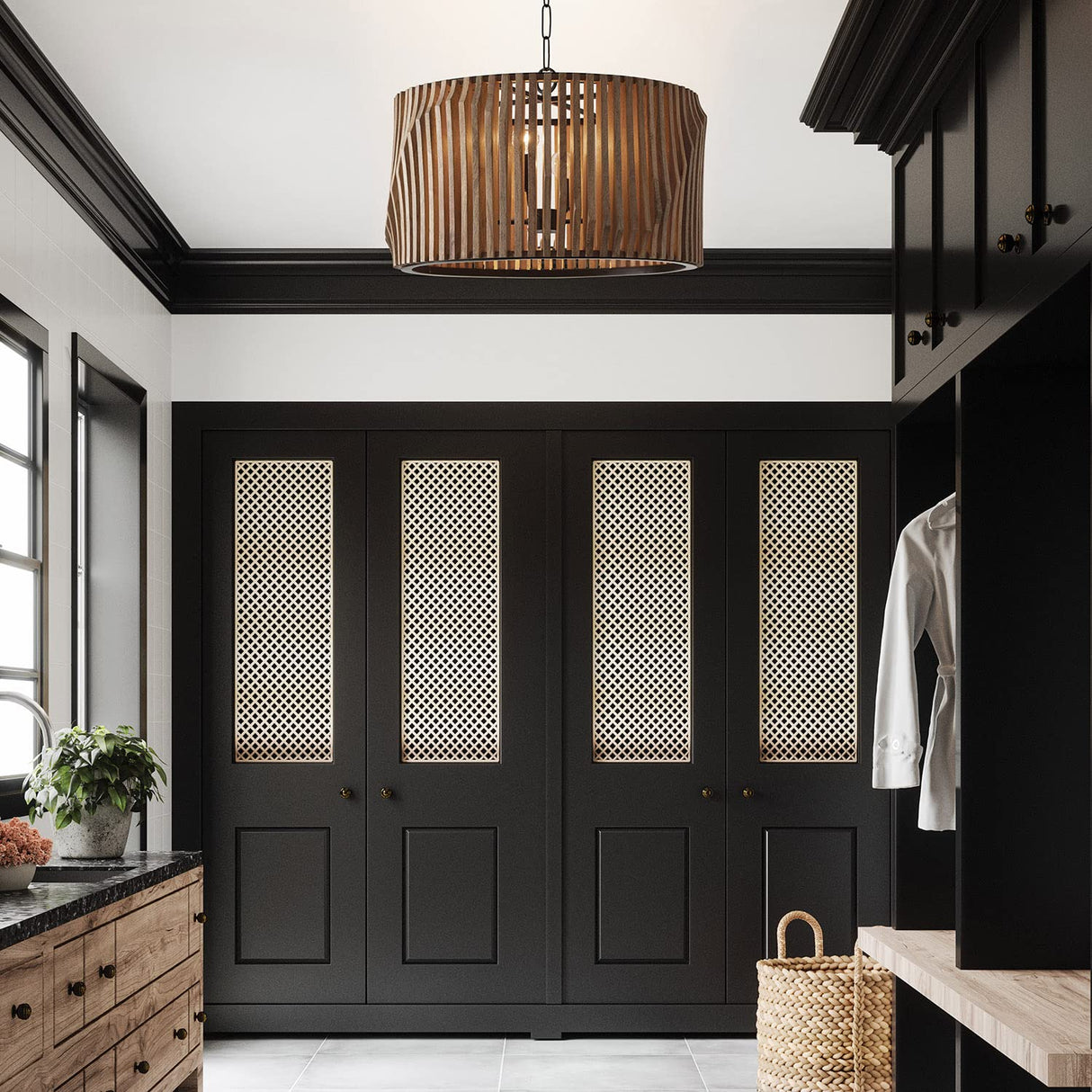 Capital Lighting 344642WK Archer Modern Artisan-Crafted Mango Wood Drum Pendant Ceiling Light Fixture, 4-Light 240 Total Watts, 15" H x 24" W, Light Wood and Matte Black Capital Lighting Fixture Company
