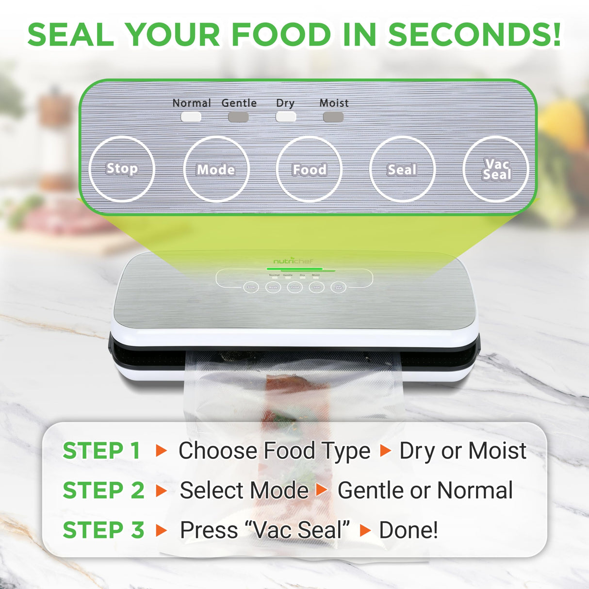 NutriChef Vacuum Sealer | Automatic Vacuum Air Sealing System For Food Preservation w/ Starter Kit | Compact Design | Lab Tested | Dry & Moist Food Modes | Led Indicator Lights NutriChef
