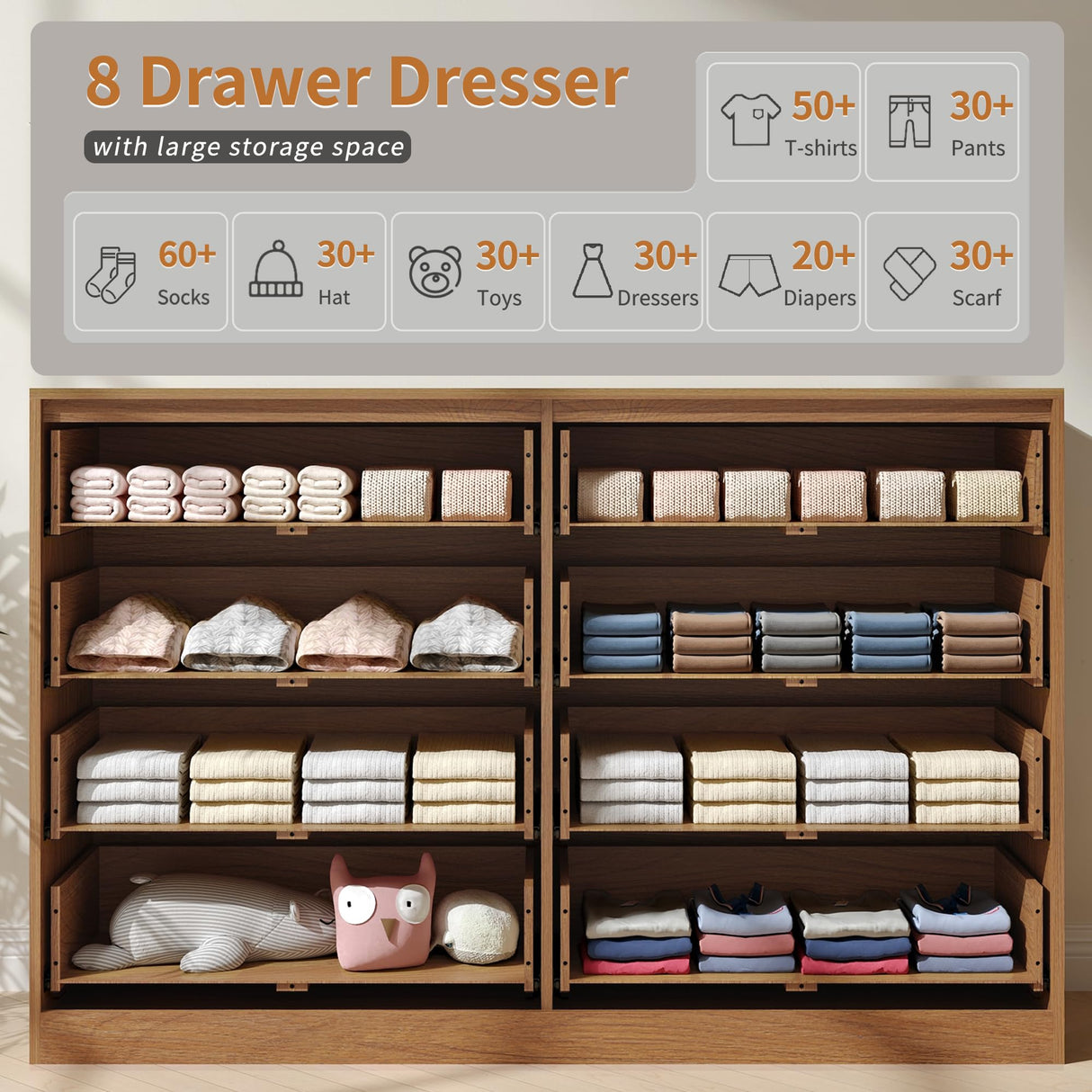 NOVAMAISON Fluted Dresser for Bedroom with 8 Drawer, 55” Wide Wooden Dresser Mid Century Chest of Drawers w/Gold Handle, Fluted Dressers TV Stand Closet Storage Organizer for Living Room, Natural Oak NOVAMAISON