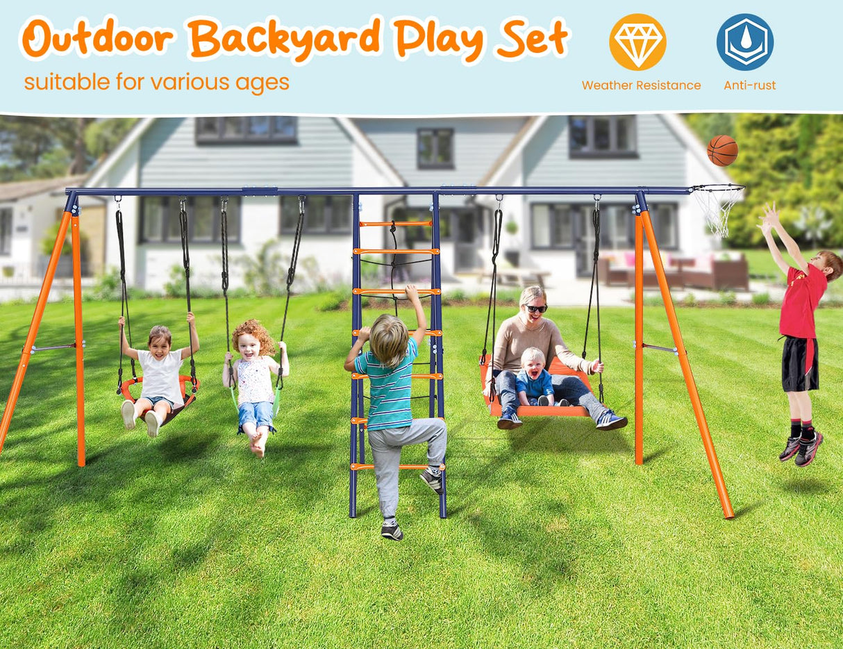 Swing Sets for Backyard, 6 in 1 Swing Set Outdoor for Kids 3-12, 700 lbs Heavy Duty Metal Toddler Playset Swingset for Playground with 3 Adjustable Swings, Basketball Hoop, Climbing Ladder and Nets Soldow