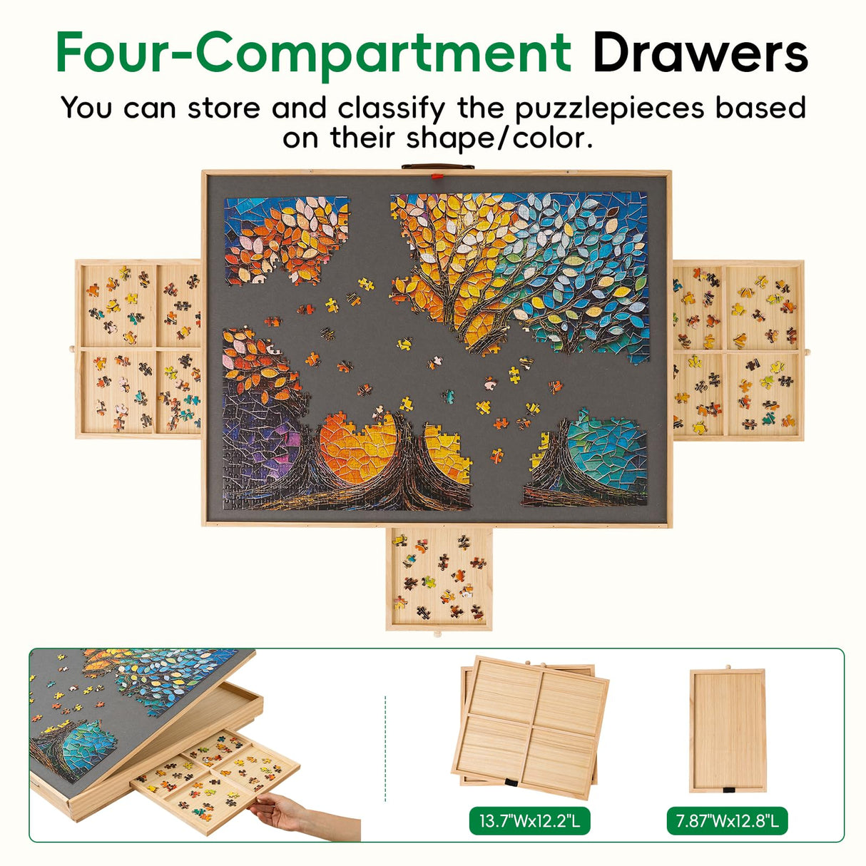 TEAKMAMA Puzzle Table 27.6" Tall 1500 Piece Puzzle Board with Drawers, 34.2" x 26.3" Adjustable 5-Tilting-Angle Jigsaw Table with Legs, Jigsaw Board for Adults, Nature TEAKMAMA