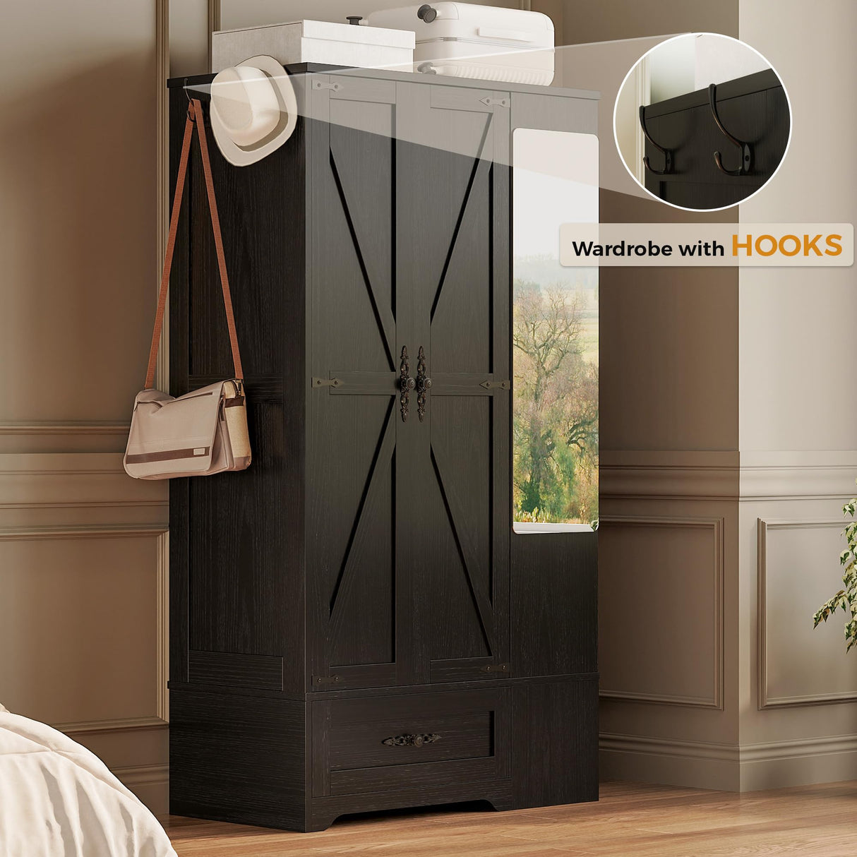 ANCTOR Armoire Wardrobe Closet with Mirror, 70" H Wooden Bedroom Armoires and Wardrobes with 2 Doors, 5 Shelves, Hooks and Drawer, Clothing Storage Cabinet with Hanging Rod, Black ANCTOR