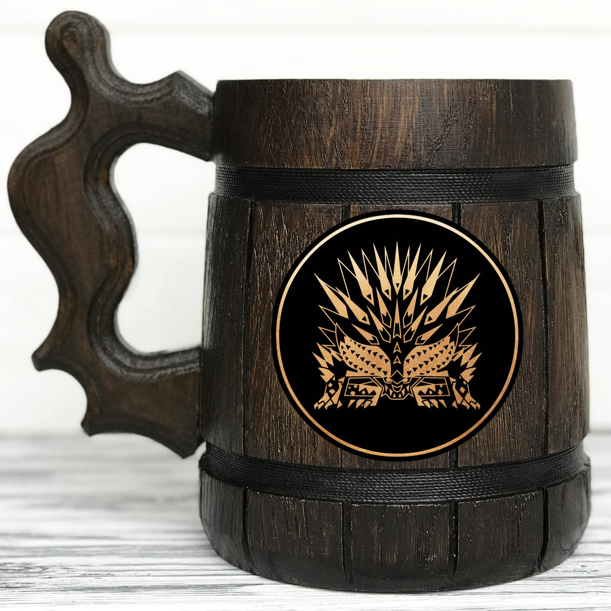 Ruiner Nergigante Beer Mug Monster Hunter Iceborne Wooden Beer Stein MHW Gamer Mug Gift Boyfriend Personalized Anniversary Christmas Birthday Gifts For Gamer Husband Beer Steins Beer Tankard 17oz K433 WoodWithMood