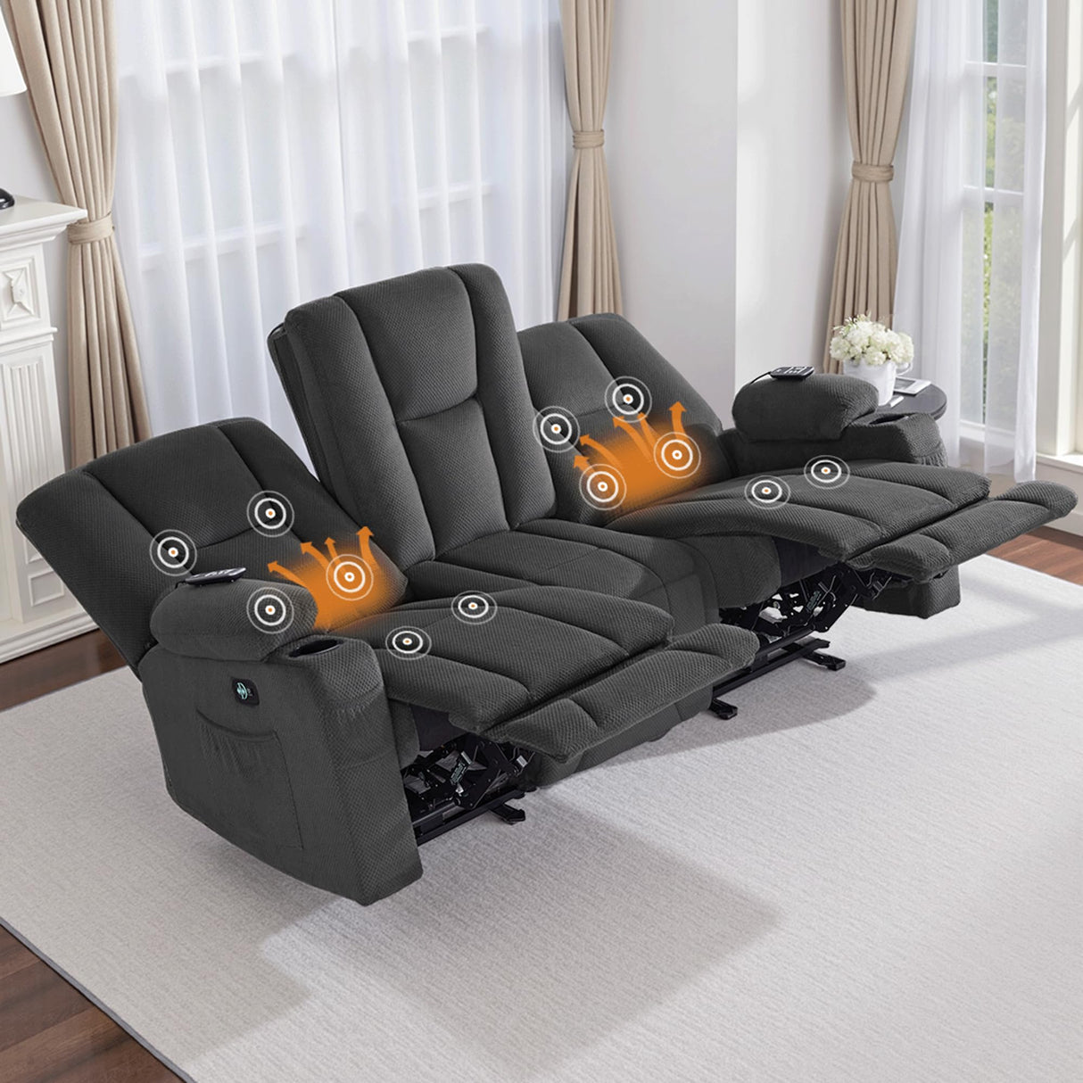 MCombo Zero Gravity Power Reclining Sofa with Heat and Vibration Massage, 3 Seater Reclining Couch with USB Ports, Cup Holders for Living Room, Fabric 6035SET (Grey, 3 Seater) MCombo