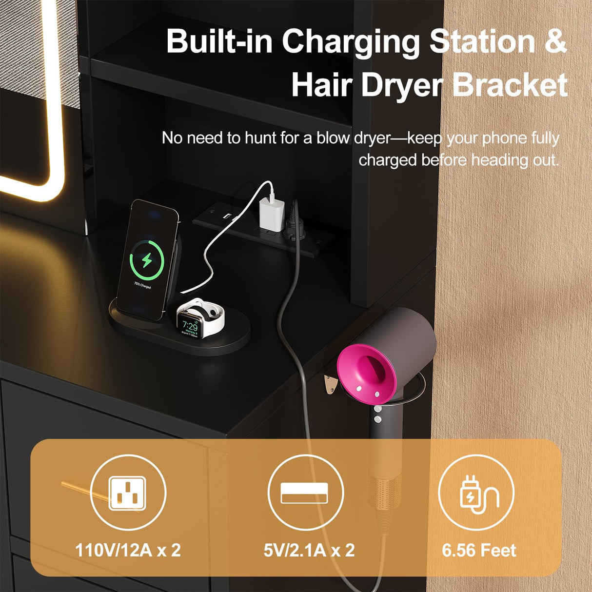 knoworld Vanity Desk with Sliding Mirror & LED Lights, Smart Makeup Table with Charging Station, Hairdryer Holder, 7 Shelves, 3 Drawers, 2 Cabinets, Vanity with Extra Hidden Stroage for Bedroom,Black knoworld