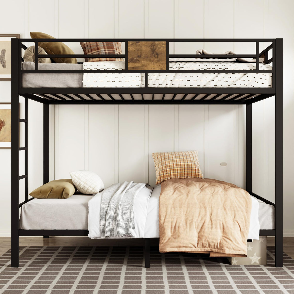 Allewie Black Twin Over Twin Bunk Bed with Rustic Wood Accents and Sturdy Metal Frame Allewie