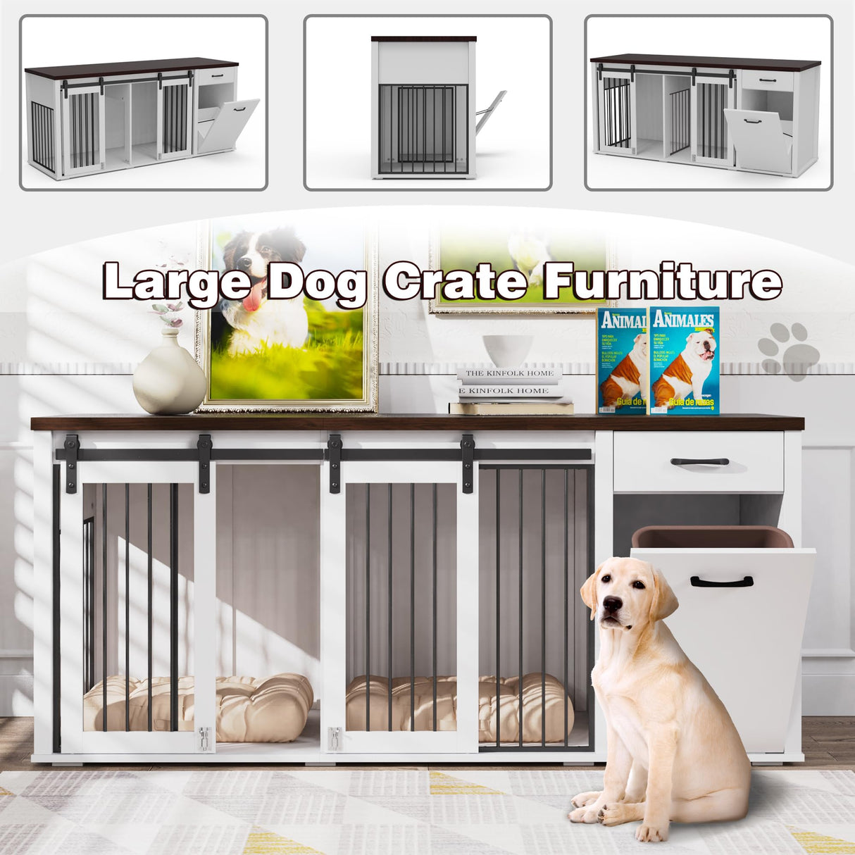 YOCONYO Large Dog Crate Furniture Large Breed,71 Inch Wooden Dog Crate with Tilt Out Trash Cabinet,Drawers,Divider and Sliding Barn Door, Double Doors Dogs Crate for 2 Dogs (White) YOCONYO