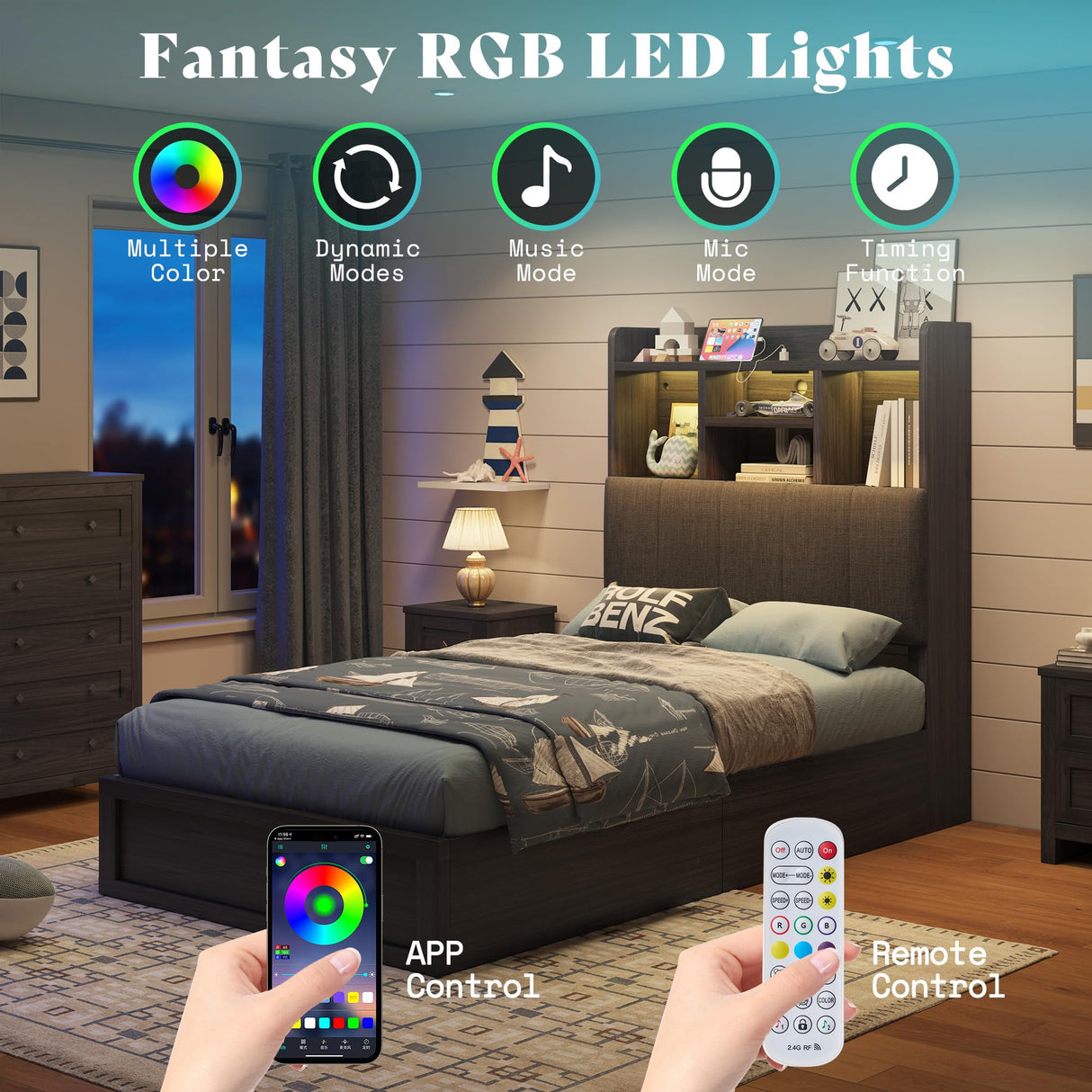 AMERLIFE Twin Bed Frame with 51.2" Tall Bookcase Headboard, Farmhouse Platform Bed with 4 Storage Drawers, Linen Upholstered, Charging Station & Storage, Rustic Black AMERLIFE