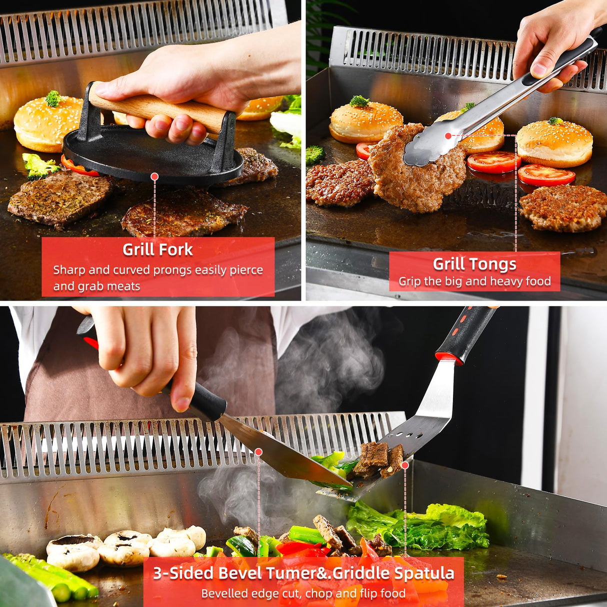 VIKEYHOME Griddle Accessories Kit, 28 Pcs Griddle Grill Tools Set, Professional Grill BBQ Spatula Set with Basting Cover, Spatula, Scraper, Bottle, Tongs, Egg Ring VIKEYHOME