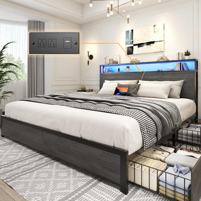 Lifezone King Bed Frame with 2-Tier Storage Headboard, Metal Platform Bed Frame with 4 Storage Drawers, Built in Charging Station & LED, Noise-Free/Metal Support/No Box Spring Needed, Rustic Grey
