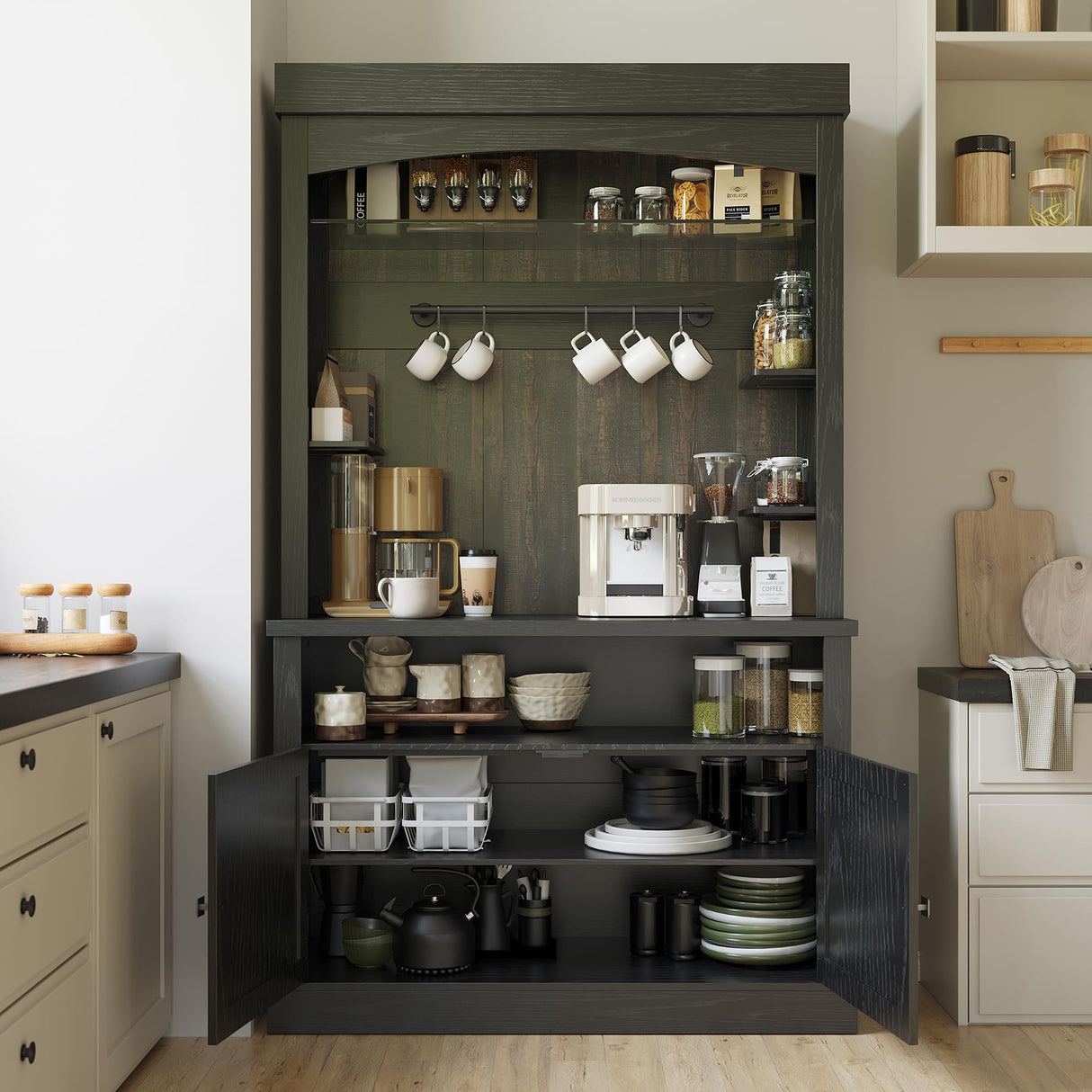 CABIHOME Farmhouse Coffee Bar Cabinet with Storage LED Buffet Cabinet 72" Coffee Hutch Cabinet Large Kitchen Sideboard with Wine Rack/Glass Shelf for Kitchen, Dining Room, Living Room (Black) CABIHOME