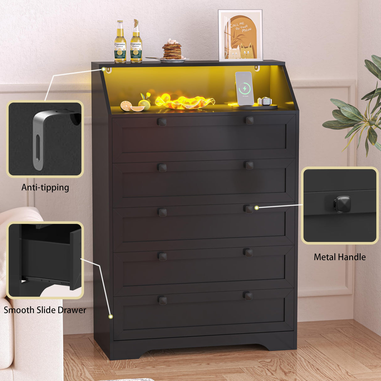 Wodeer Black Dresser Tall 5 Drawer Dresser for Bedroom, Wood Chest of Drawers with LED Lights, Charging Station, Metal Handles, Modern Storage Cabinet and Organizer Drawers for Living Room, Hallway Wodeer