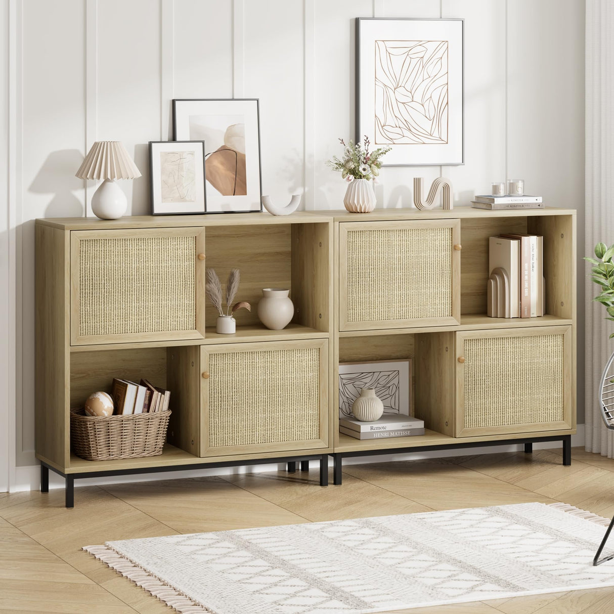 GAOMON Coffee Bar Cabinet, Rattan Sideboard Buffet Cabinet with Sliding Door, Wood Wine Liquor Cabinet, 4 Storage Cube Display Accent Cabinet, for Living Room, Kitchen, Dining Room GAOMON