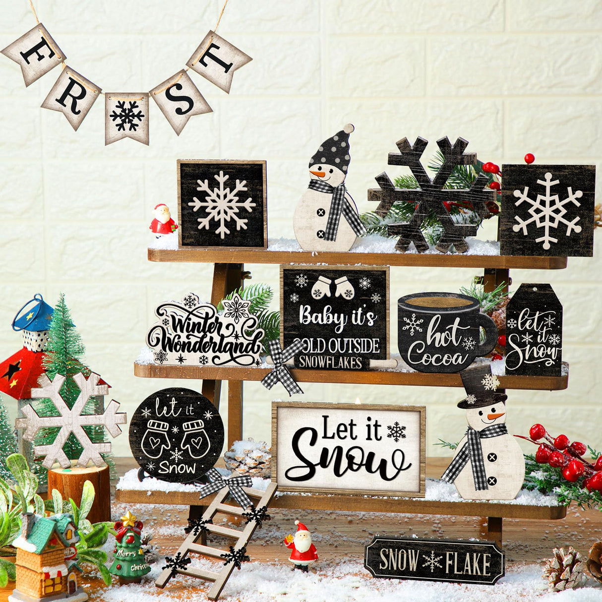 Nuogo 25 Pcs Christmas Winter Tiered Tray Decor Wood Rustic Winter Decoration for Home Christmas Snowflake Table Shelf Farmhouse Let It Snow Decor Xmas Snowman Signs for Table Holiday Nuogo