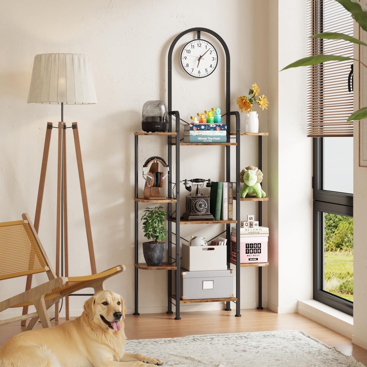 HIGDBFE Bookshelf with Wall Clock, Triple Bookcase with Open Display Shelves, Industrial Style Book Shelves, Modern Display Shelf for Living Room, Bedroom, Home Office, Rustic Brown HIGDBFE