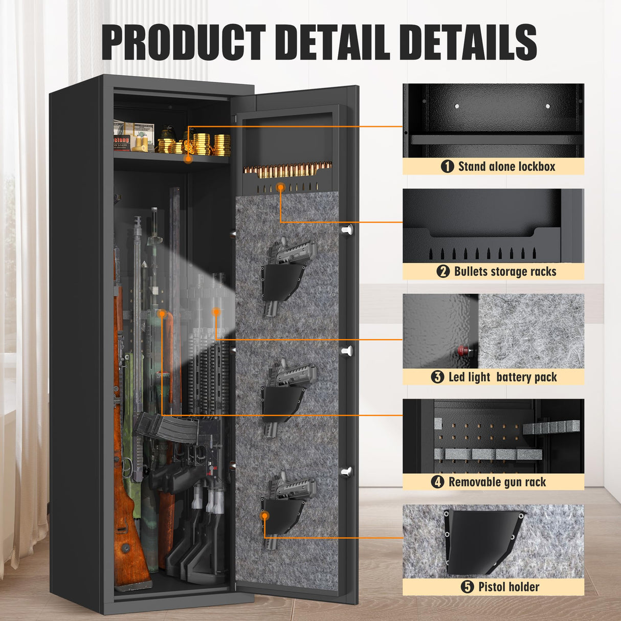 Metallitrend 10-15 Large Gun Safe Cabinet with 3 Pistol Pouches,Rifle Gun Safes for Home Fireproof Waterproof Adjustable Rack and Biometric Lock,Heavy-Duty Gun Safes for Rifles and Shotguns Money Metallitrend