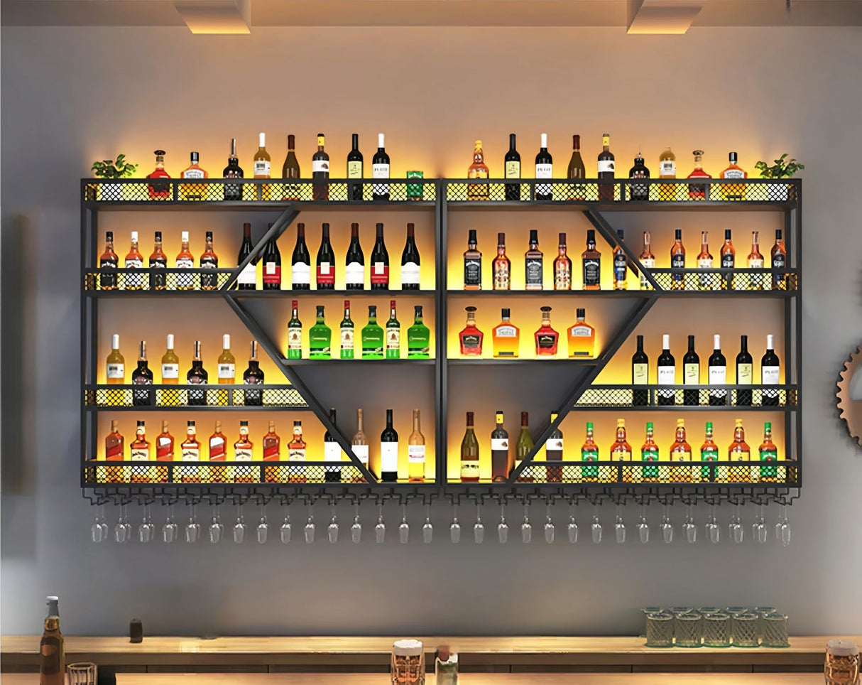 HFTUW Modern Wall Mounted Wine Rack w/LED Light, Metal Wall Bar Shelves Wall Mounted w/Glass Holder, Large Liquor Shelf for Liquor Bottles for Home Bar & Dining Room(Black-Yellow Led, 59in/150cm) HFTUW